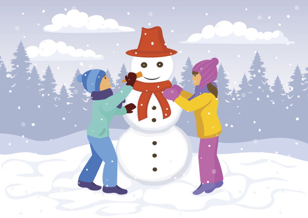 孩子们，女孩和男孩在堆雪人。冬季景观的背景图片下载