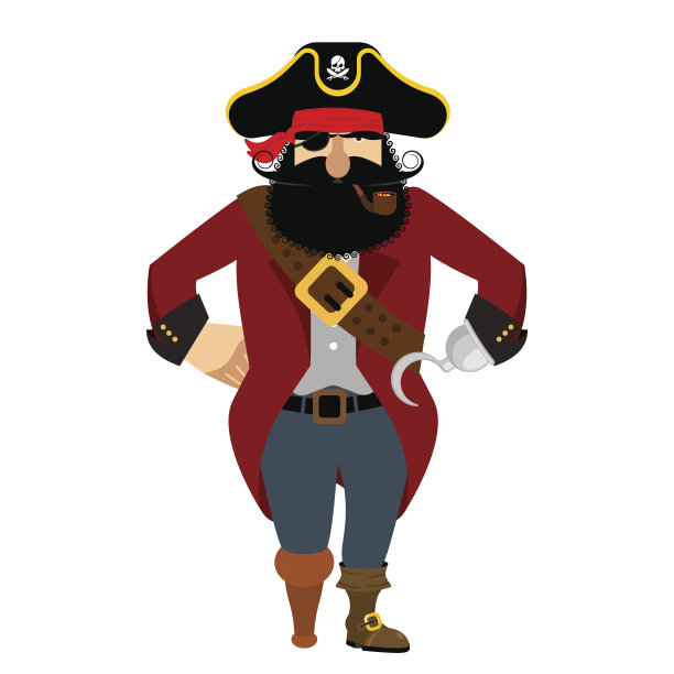 海盗孤立。戴眼罩和抽烟斗。阻挠议事帽，骷髅会。海盗头长着黑胡子。海盗木脚素材图片