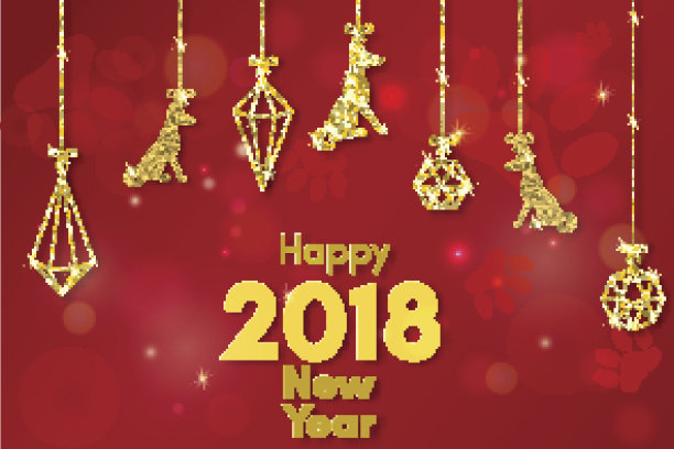 2018中国新年黄狗概念与金色矢量爪轨道，闪光，箔纹理，动物剪影，红色背景，日历模板，海报，横幅，贺卡图片下载