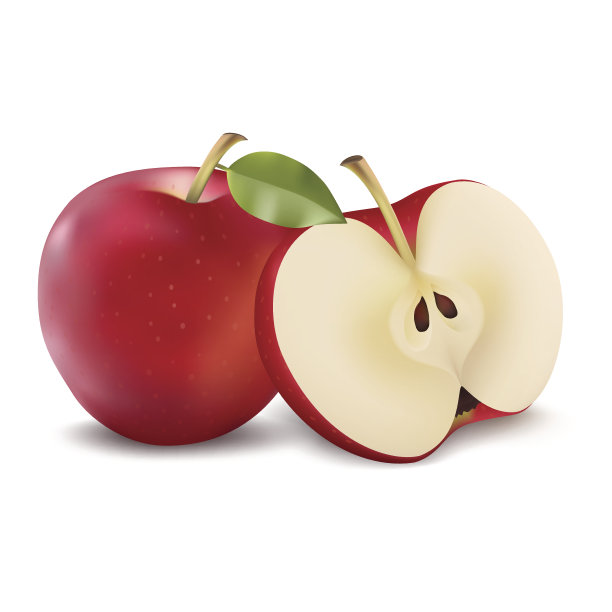 红苹果，绿叶子和苹果片。向量现实的例证。新鲜孤立的水果图片下载
