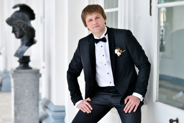 在大自然中穿着西装的英俊新郎图片下载