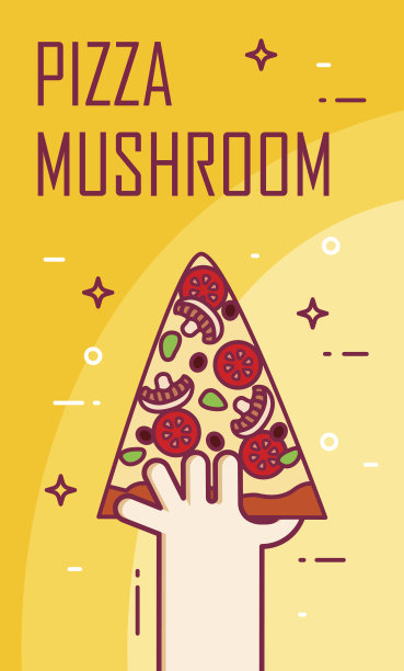 插图用手和一片披萨蘑菇。矢量旗帜的快餐。细线平卡设计。图片下载