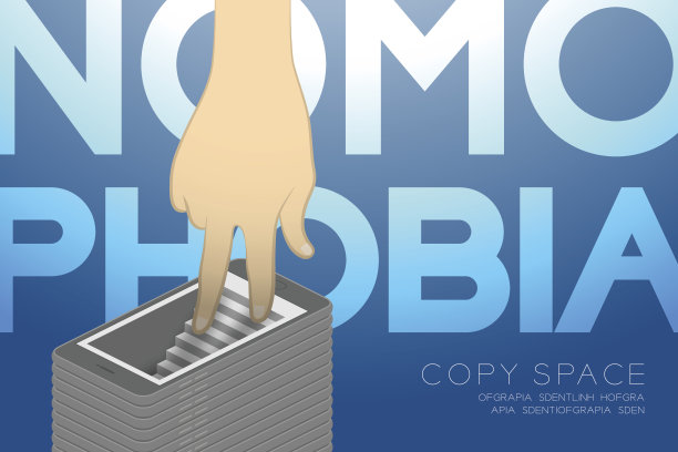 无手机恐惧症综合征智能手机成瘾概念等距平面设计，手指走进智能手机插图孤立在蓝色渐变背景，与复制空间图片下载