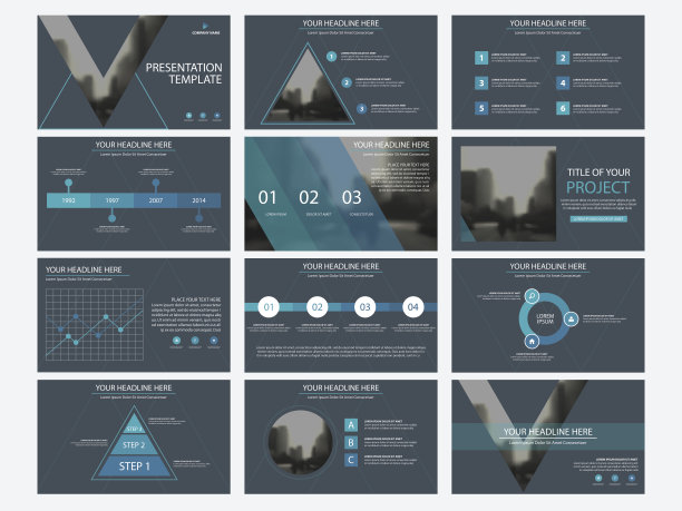 业务演示信息图表元素模板集，企业横向年度报告素材图片