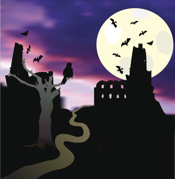 万圣节的风景有月光，城堡，蝙蝠，树，猫头鹰和日落图片下载