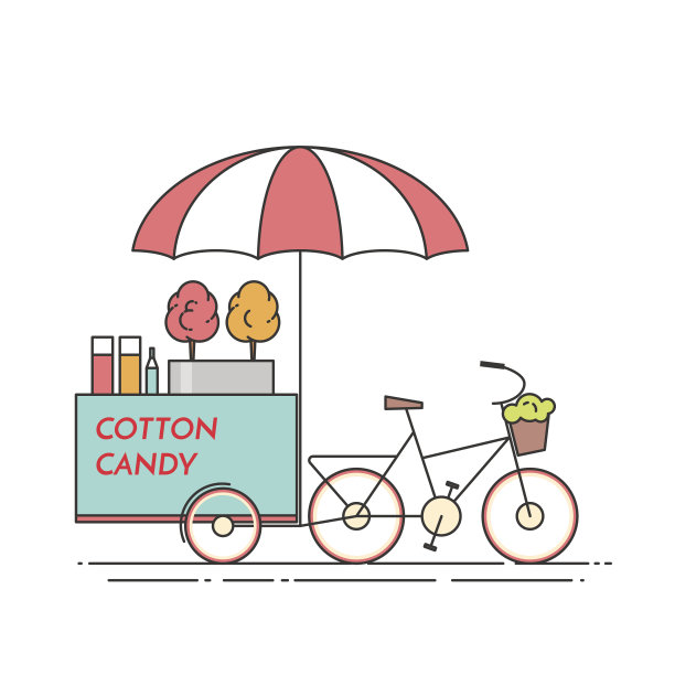 棉花糖的自行车。车轮上的车。食品和饮料亭。矢量插图。平线的艺术。图片下载