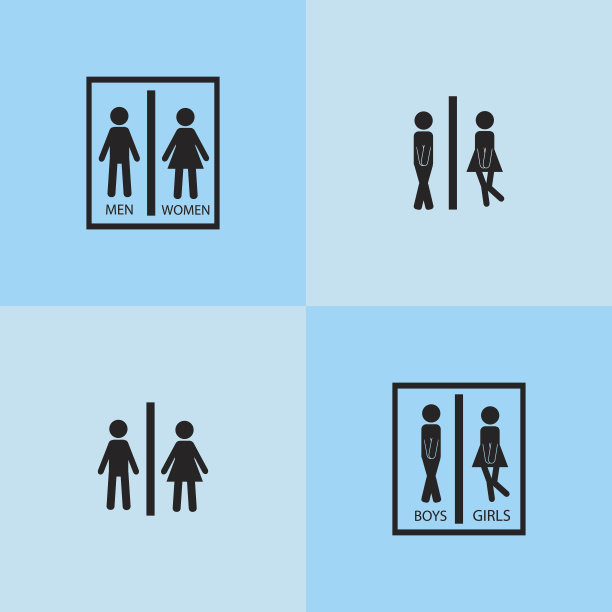 浴室门标志矢量图标设置，男人，女人，男孩，女孩孤立在蓝色背景图片下载