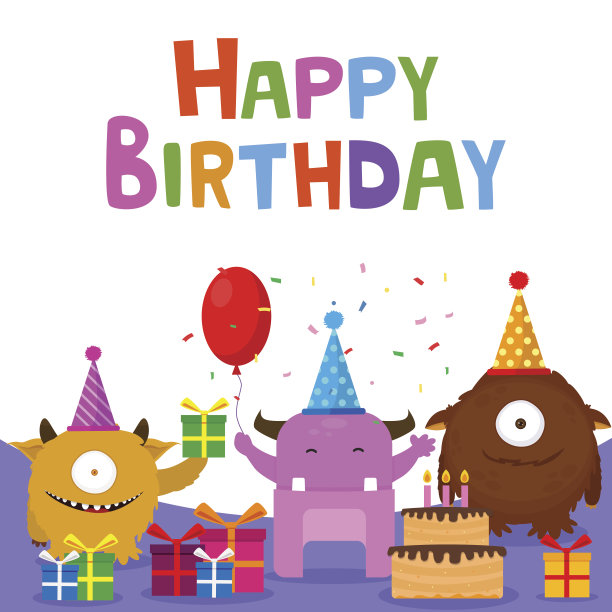 快乐的生日卡片设计与可爱的怪物。图片下载