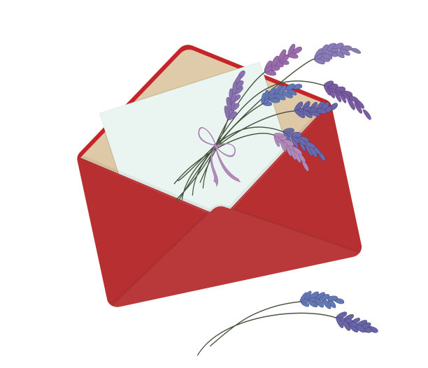 红色信封里的信，还有一束薰衣草。图片下载