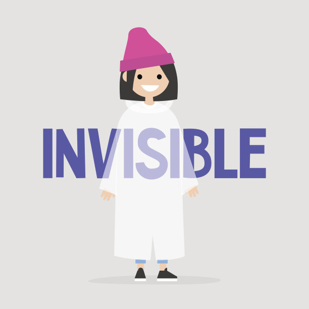 年轻的女性角色穿着一件隐形斗篷。透明度概念说明。平面可编辑矢量插图，剪辑艺术图片下载