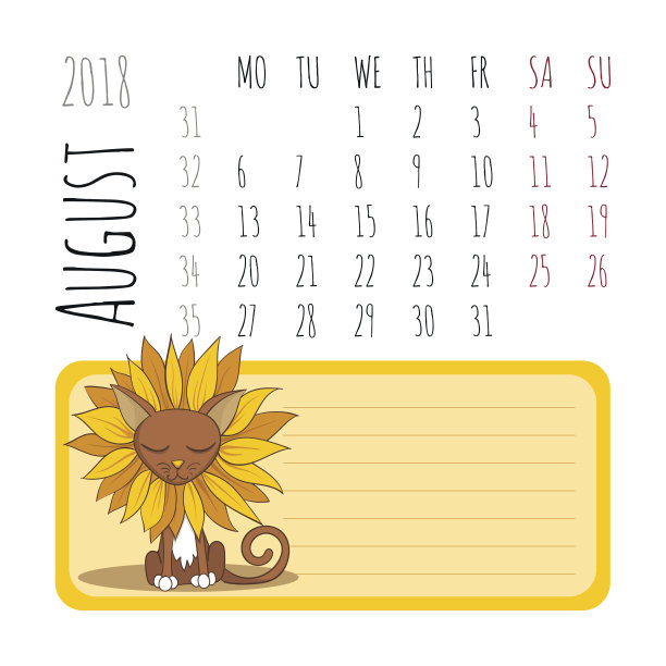 卡通猫日历2018。周一开始。8月。矢量图图片下载