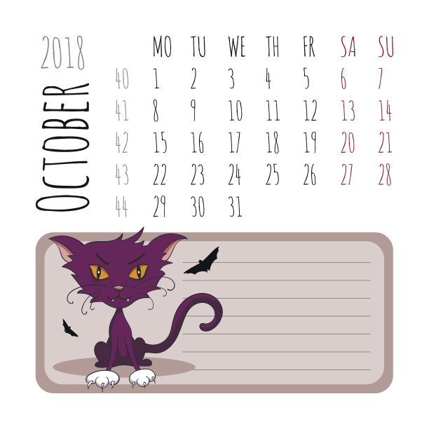 卡通猫日历2018。周一开始。十月。矢量图图片下载