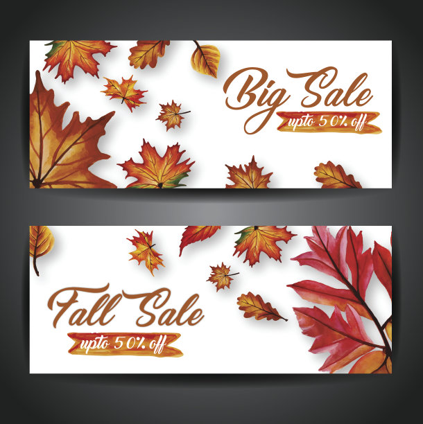 秋季横幅与水彩橙色，黄色和绿色的叶子图片下载