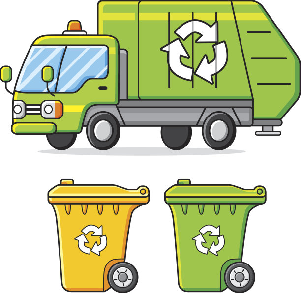 绿色垃圾车和有回收标志的垃圾桶。图片下载