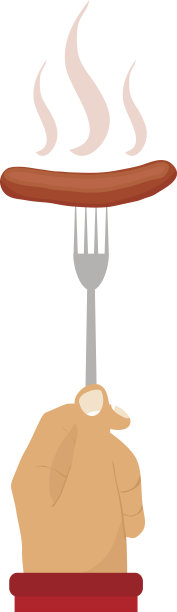 叉子上的香肠，热香肠。这只手拿着叉子。图片下载