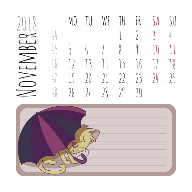 卡通猫日历2018。周一开始。11月。矢量图图片下载