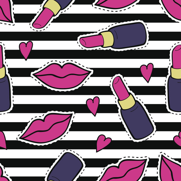 矢量无缝模式与时尚贴片徽章与嘴唇，口红，心形和条纹。时尚的背景贴纸，别针，补丁卡通80 -90年代漫画风格。图片下载