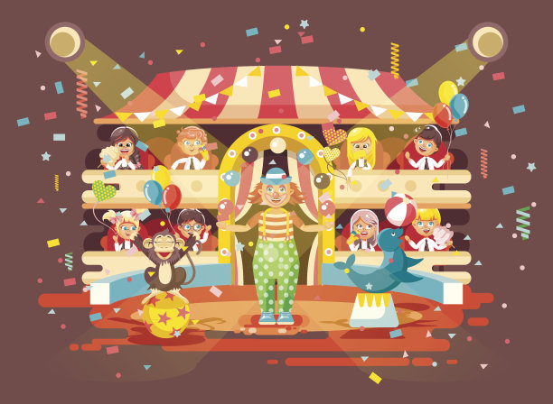 矢量插图卡通人物儿童，男学生，女学生，男孩和女孩观看表演在室内的马戏团，表演小丑杂耍在舞台上，表演训练动物扁平风格图片下载