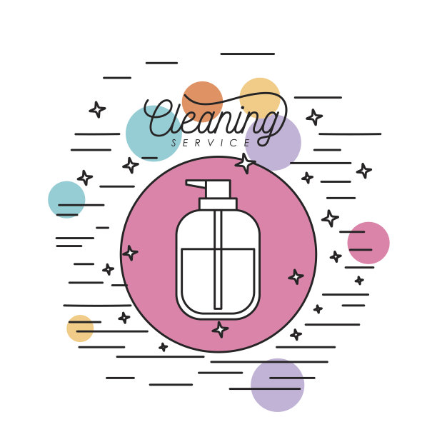 配药瓶清洁服务剪影在圆形框架与彩色气泡和装饰星星和白色的背景线图片下载
