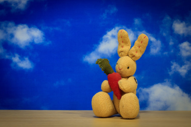 可爱的小兔子拿着一个胡萝卜，木头上有蓝天的背景图片下载