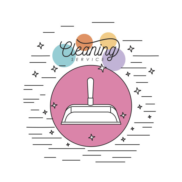 灰尘盘塑料剪影清洁服务在圆形框架与彩色气泡和装饰星星和白色的背景线图片下载