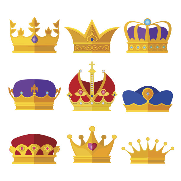 国王、王子或王后的金色王冠。矢量插图设置在卡通风格素材图片