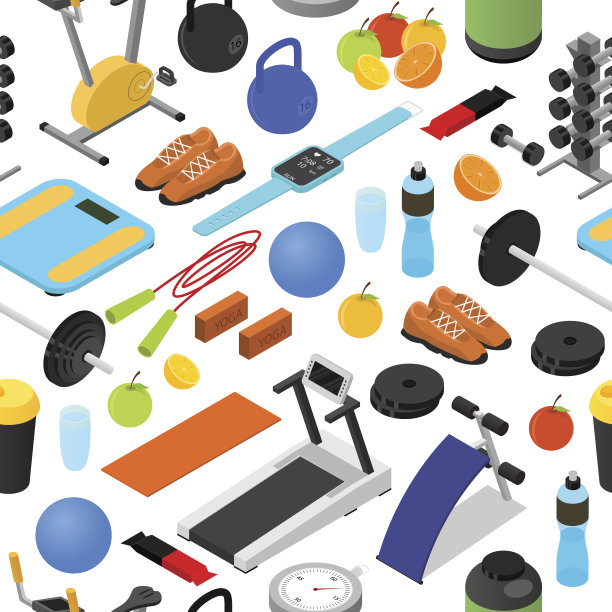 健身房运动设备背景模式等距视图。向量图片下载