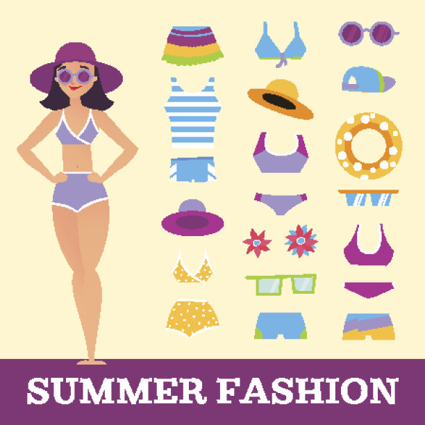 海滩时尚。女孩和杂项衣服配件。卡通风格图片下载