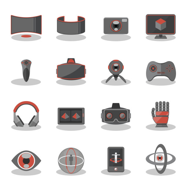 平面图标用于虚拟现实创新技术、AR眼镜、VR游戏和跟踪设备。图片下载