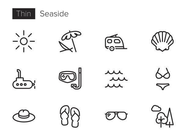 海边，假期矢量图标(细线)图片下载
