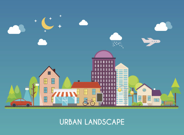 城市景观。现代建筑和郊区私人住宅。平的城市。设计风格现代矢量插图概念。图片下载