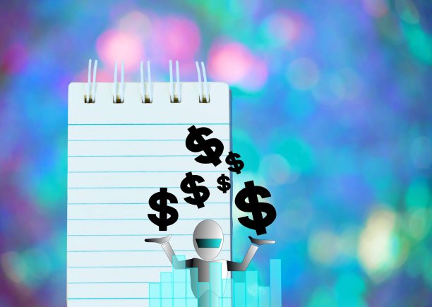 记事本与铅笔和机器人矢量在木板背景。使用墙纸或用于教育、商业照片。注意书籍的纸张和概念，或拷贝空间和广告。图片下载