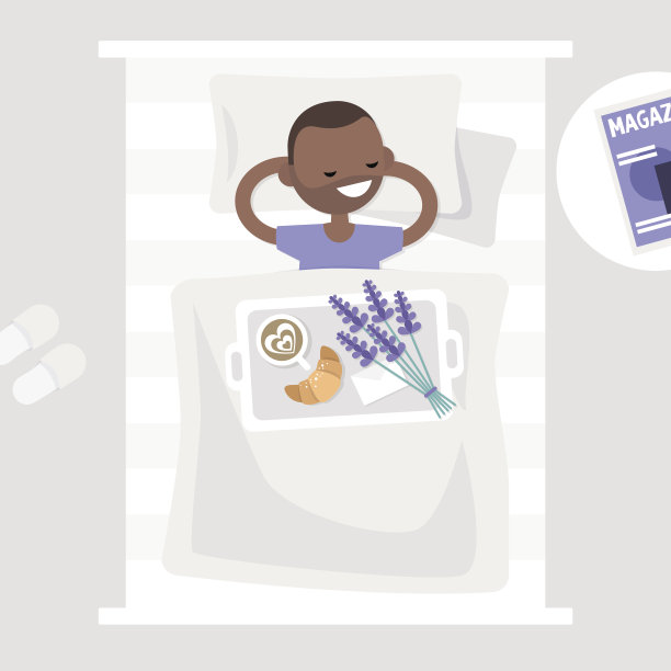 早餐在床上。前视图。咖啡，牛角面包，托盘上放着一束薰衣草花。浪漫关系的概念。年轻的人物躺在床上。平面2.0可编辑矢量插图，剪辑艺术图片下载