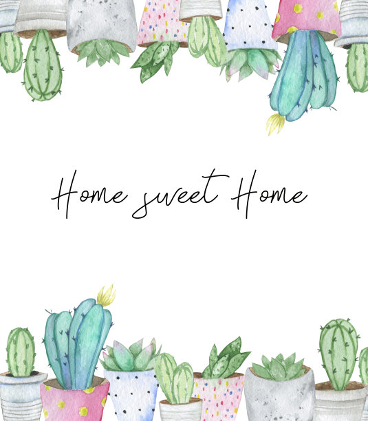 美丽的框架由手绘水彩仙人掌和多肉植物在花盆素材图片