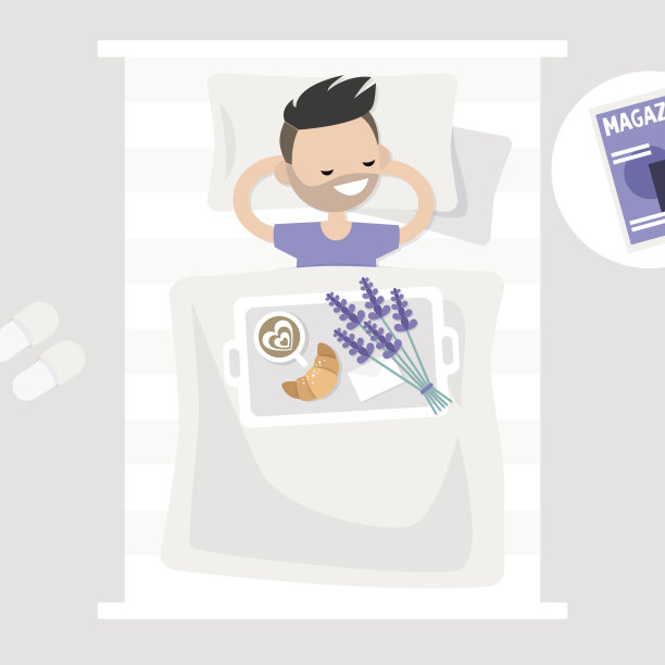 早餐在床上。前视图。咖啡，牛角面包，托盘上放着一束薰衣草花。浪漫关系的概念。年轻的人物躺在床上。平面2.0可编辑矢量插图，剪辑艺术图片下载