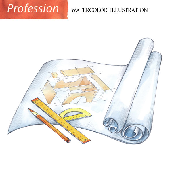手绘蓝图与木工项目。职业,爱好插图。水彩。专业工具。男人的工作图片下载