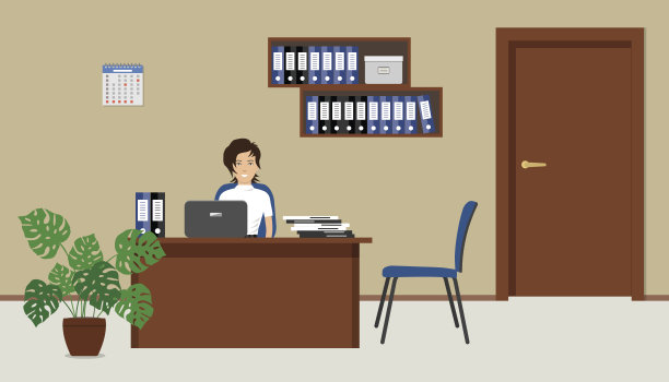 米色的办公室。一名年轻女子正坐在工作场所的办公桌前图片下载