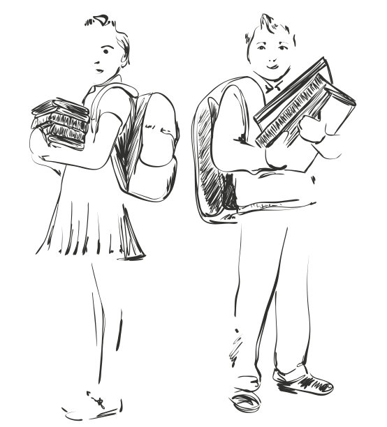 插图的学校儿童，男孩和女孩。手绘草图。图片下载