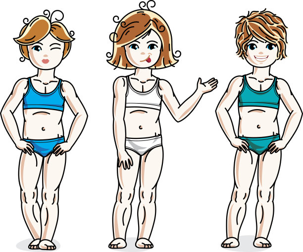 可爱快乐的小女孩摆着五颜六色的比基尼。矢量儿童插图集。童年和家庭生活方式剪辑艺术。图片下载