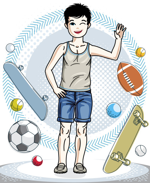 小男孩穿着休闲服站在那里。矢量插图。时尚生活主题卡通。图片下载