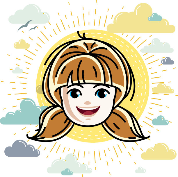 白种人女孩面部表情表达积极情绪，矢量人头插画。漂亮的红发快乐的孩子，时髦的发型。图片下载