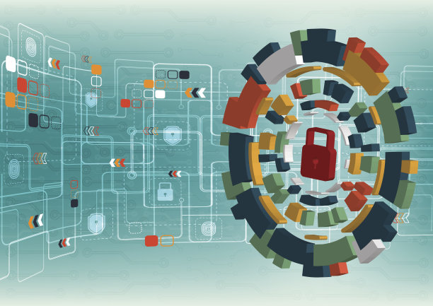网络安全概念矢量图解。锁定多色技术圈背景。图片下载