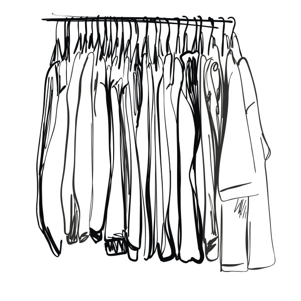 衣柜草图。衣服挂在衣架上。图片下载