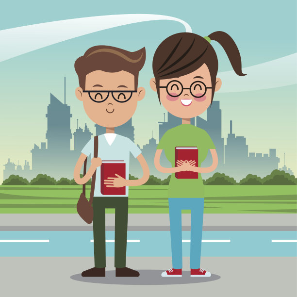 男孩和女孩的学生书呆子城市背景图片下载