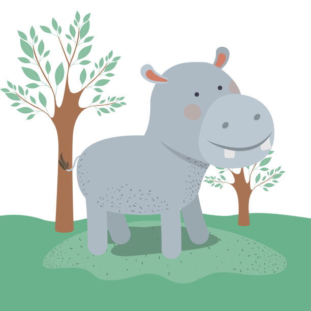 河马动物漫画在森林景观背景图片下载