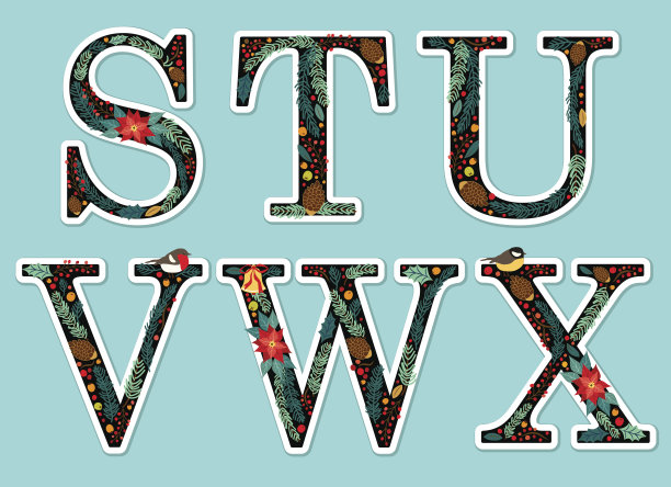 可爱的复古手绘乡村花卉圣诞字母表图片下载