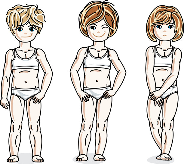 可爱的小女孩们穿着白色内衣。向量多样性儿童插图集。童年和家庭生活漫画。图片下载