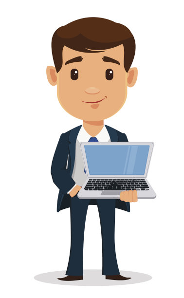 商人卡通人物在漂亮的衣服，办公室风格。年轻英俊的西装商人拿着笔记本电脑。图片下载