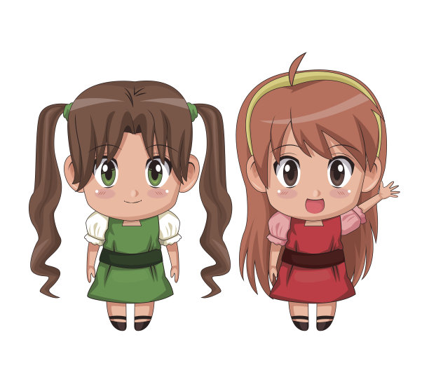 丰富多彩的全身情侣可爱的动漫女孩面部表情幸福和问候图片下载