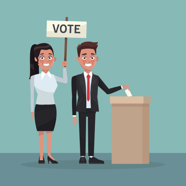 背景场景:身着正装的男士为候选人投票，梳着马尾辫的女士贴着海报图片下载